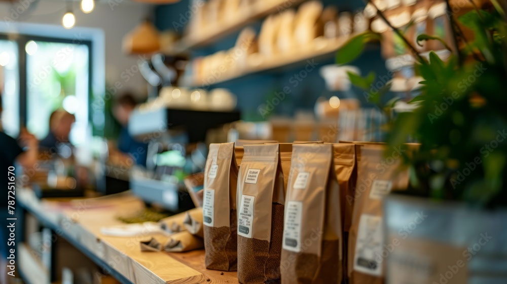 A coffee shop counter is filled with bags of coffee, showcasing recyclable packaging in an eco-conscious cafe setting