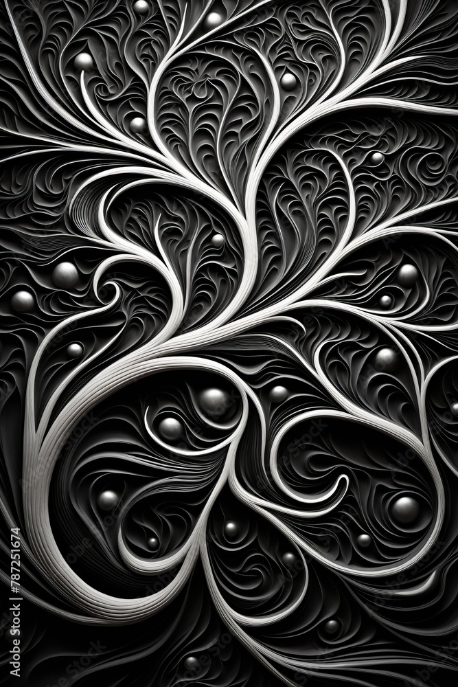 Black and white tree of life with round fruits