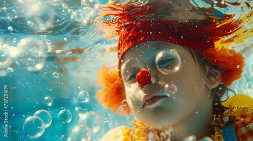 Close-up charm: A chubby boy in a clown hat, underwater, surrounded by playful bubbles. Light-hearted fun in every frame, Surealistic, fantasy