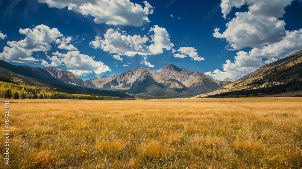A low-angle view of a vast grassy field with towering mountains in the background