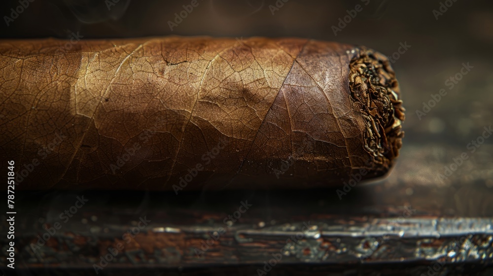 A close-up shot of a single cigar placed on a table next to a knife, highlighting the texture and colors of the cigar