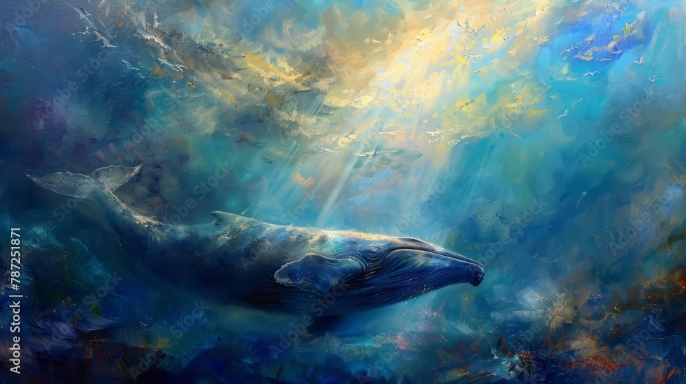 Fototapeta premium serene aqua sanctuary jonahs spiritual respite inside the majestic whale dreamlike biblical scene oil painting