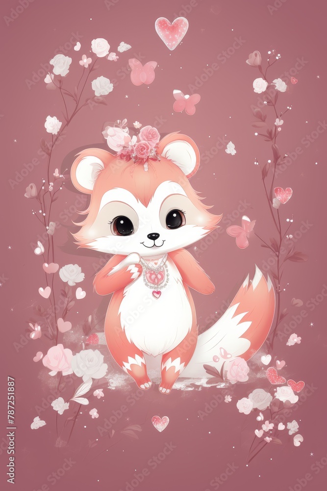 A cute cartoon fox with pink fur and big eyes is standing in a field of flowers. The fox is wearing a necklace with a heart-shaped pendant. There are also hearts floating in the air around the fox. Th