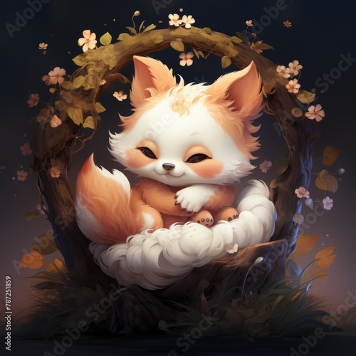 A cute cartoon fox sits in a nest of flowers and leaves © Anchalee