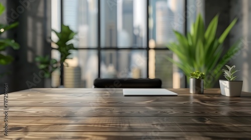 Minimalist Wooden Desk in Modern Office Setting for Workspace or Product Placement