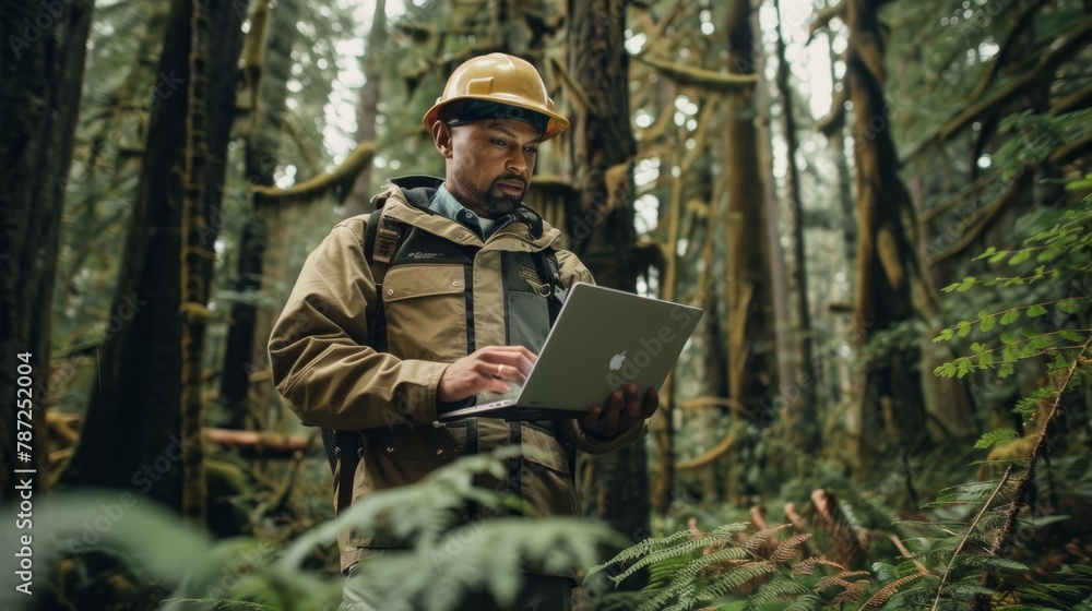 A forest ranger standing amidst tall trees, working on a laptop computer