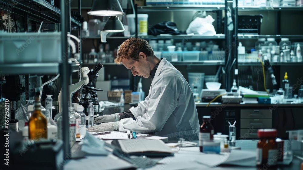 A man is seen working diligently in a lab filled with numerous bottles and equipment, focused on his research and experiments