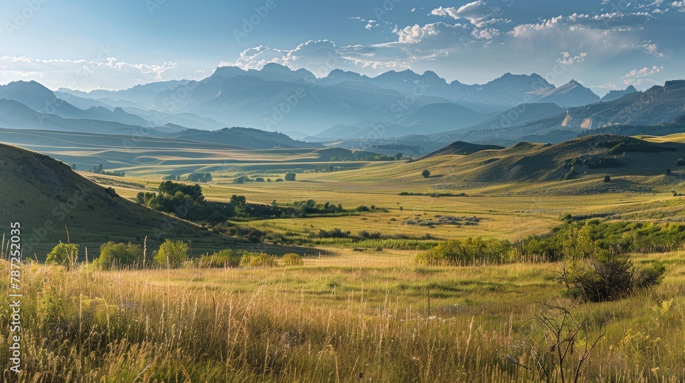 A panoramic view of a grassy field with towering mountains in the background, showcasing the natural beauty of the conservation easement