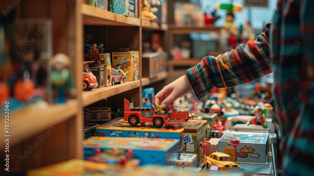 A boy enthusiastically plays with toys and board games in a lively toy store filled with vintage items