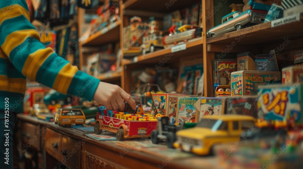 A child enthusiastically playing with colorful toys and board games in a vibrant toy store setting