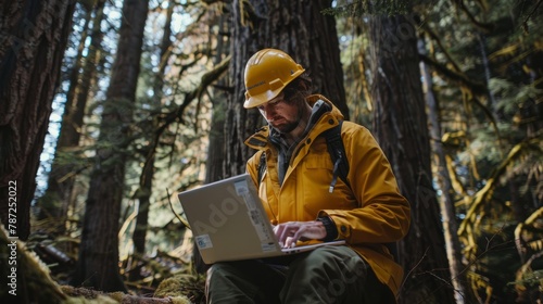 A man in a yellow jacket and hard hat operates a laptop in a forest setting among tall trees