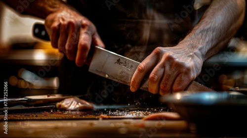 A man is seen holding a knife in a kitchen, with his hands visibly handling the utensil. His face is partially visible in the background