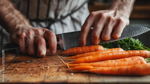 A man is skillfully slicing carrots on a wooden cutting board with a sharp chefs knife