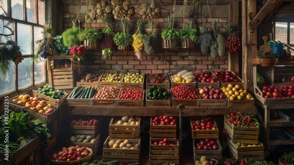 A depiction of a fruit and vegetable stand with fresh produce neatly arranged in wooden crates