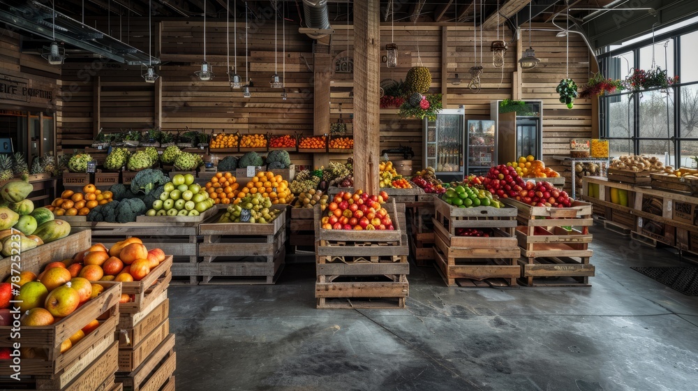 A store showcasing a wide variety of fresh fruits neatly arranged in wooden crates