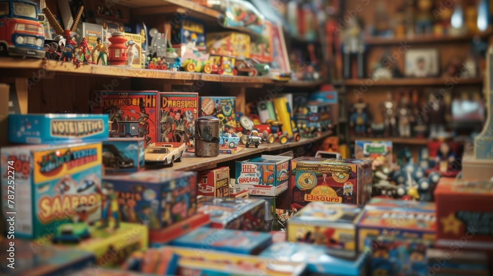 A store brimming with a variety of toys and games, including vintage and board games, filling the scene with color and excitement