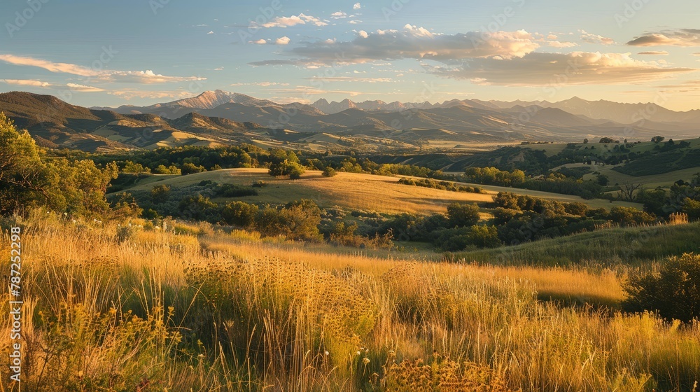 Conservation easement lit by setting sun with mountains in distance