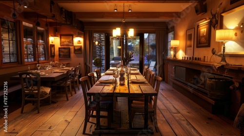A wide-angle shot of a cozy dining room with a rustic table and chairs positioned centrally