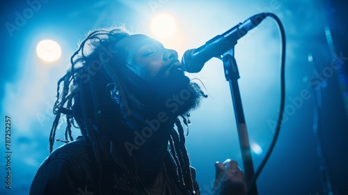 A man with dreadlocks passionately sings into a microphone, captured in a wide-angle shot from a low angle against a backdrop
