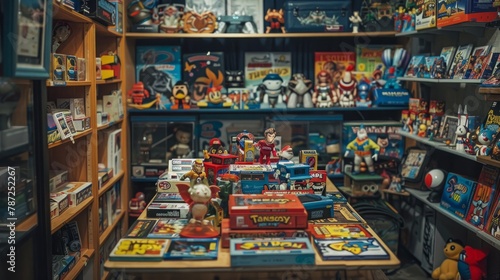 A room filled with an assortment of toys, books, and board games strewn across the tabletop, creating a playful and colorful scene