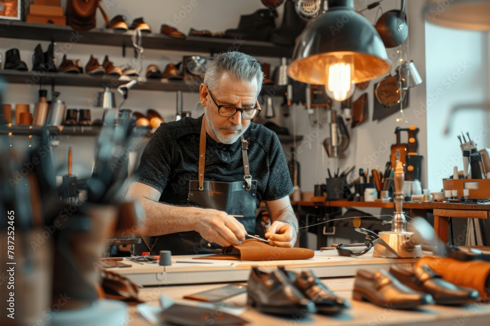 male seamstress. Leather dressing. Shoemaker. Tailor. A middle-aged man with a gray head sews leather shoes. modern sewing workshop.