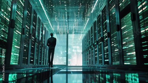vigilant data center engineer monitoring supercomputer server cabinets cyber security concept photo