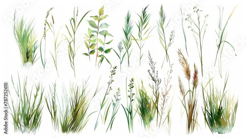 watercolor set of withered light green grass sketches on white background
