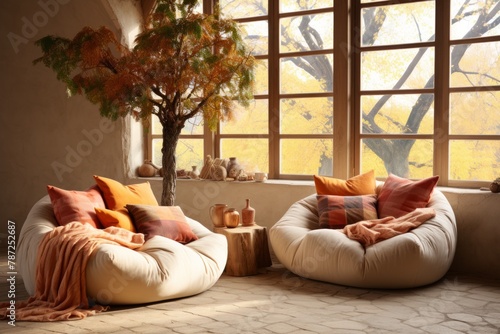 Two large cream-colored fabric chairs with pillows in front of a large window