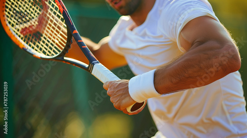 showcases a close-up view of a male tennis player's hands, tightly gripping the racket in preparation for a swing under the sunlit game. Concentration in Action.