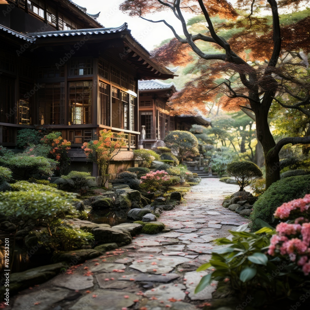 Japanese garden with traditional house and stone path