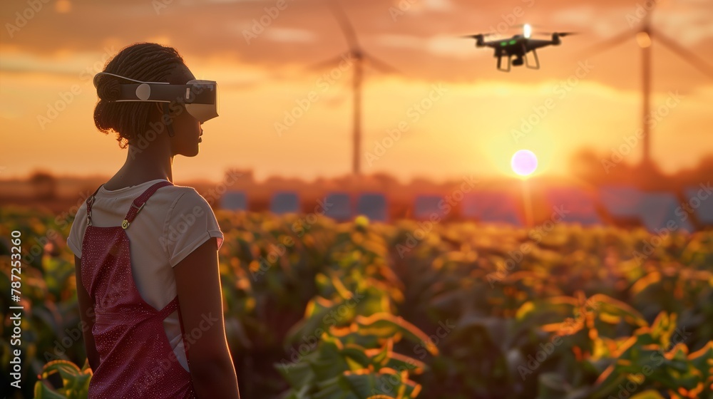Futuristic agricultural scene where a african american young female agronomist uses advanced drone technology to monitor large fields of crops. 