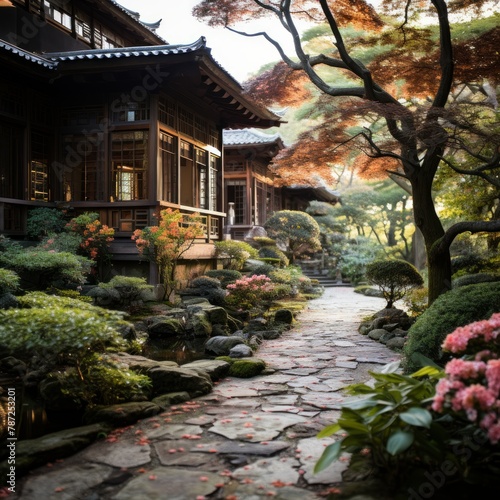 Japanese garden with traditional house and stone path © Adobe Contributor