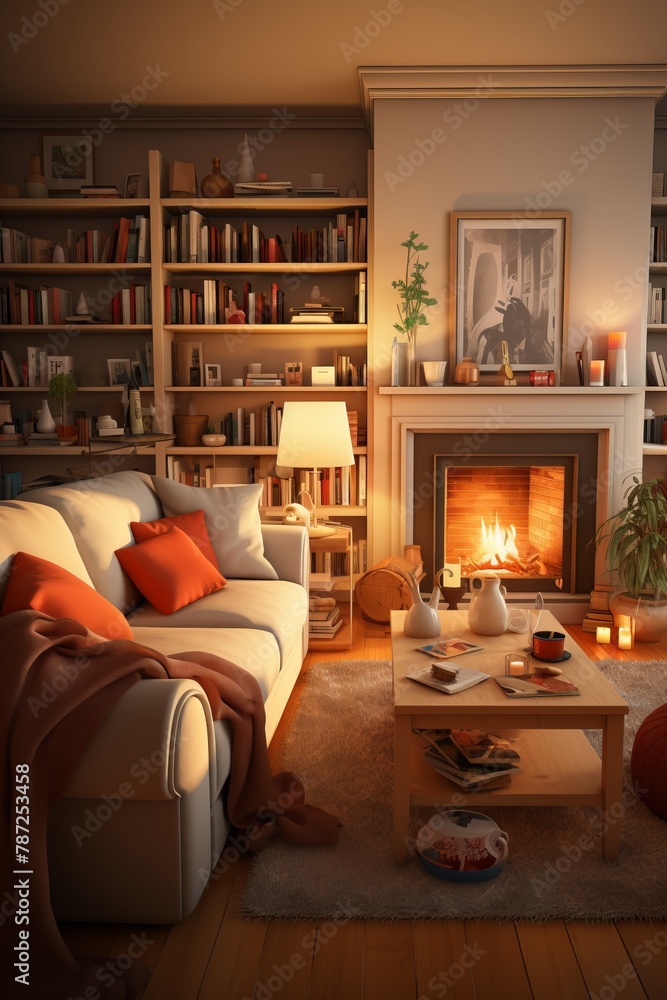 Cozy living room interior with fireplace, bookshelves, sofa, coffee table, and fireplace