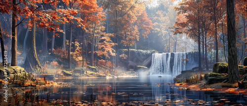 Autumn Waterfall in Forest Setting, Flowing Water Amidst Colorful Foliage, Scenic Natural Landscape photo