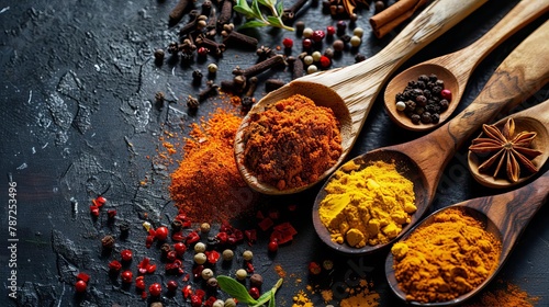 aromatic medley of colorful spices in rustic wooden spoons overhead view of flavorful ingredients food photography