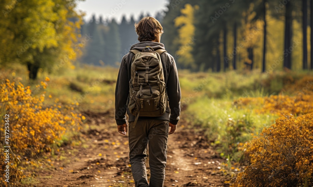 A man with a backpack leisurely strolls down a dusty dirt road, surrounded by nature