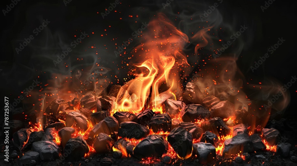 burning coal and embers with smoke on black background realistic fire sparks vector illustration burning coal and embers with smoke on black background realistic fire sparks vector illustration
