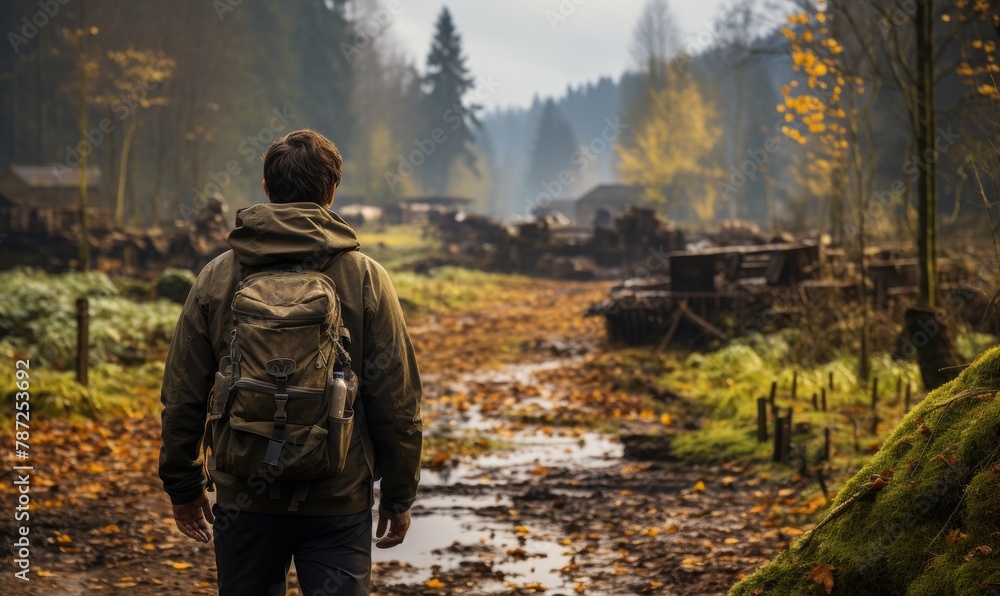 A man with a backpack walking through a lush forest surrounded by towering trees and dappled sunlight