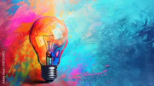 Colorful painting of a light bulb on a blue background.