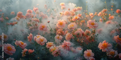 Close-up of a field of pink cosmos flowers with a dreamy fog
