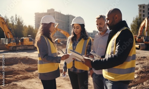 A diverse group of people gather around a bustling construction site, observing, discussing, and planning