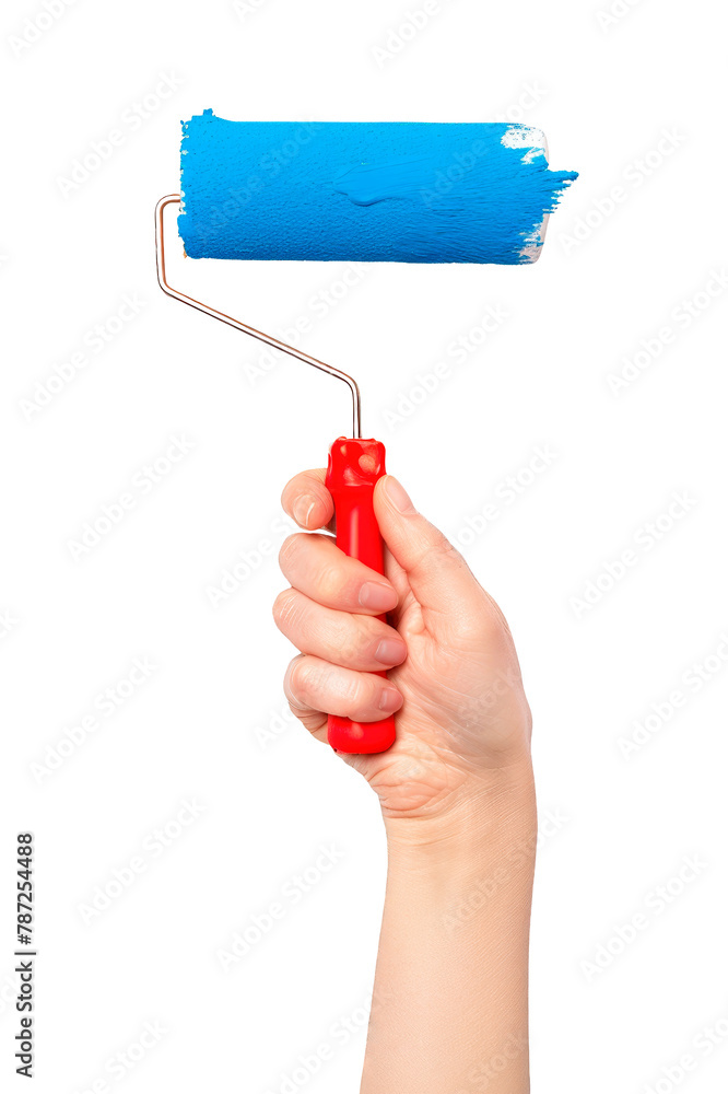 Woman's hand holding a paint roller with blue paint isolated on a cut out PNG transparent background Woman's hand holding a paint roller with blue paint isolated on a cut out PNG transparent background