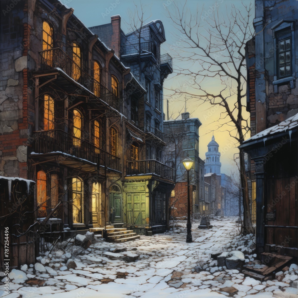 Buildings in a Snowy Street at Night