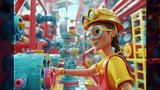 Joyful Employee Fully Engaged in a Vibrant 3D Rendered Production Line