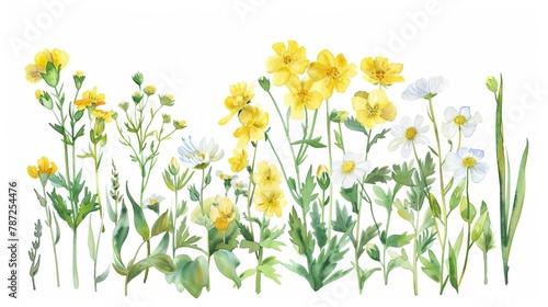 delightful meadow flowers in soft watercolor yellow tansy buttercup rapunzel and white stellaria holostea handpainted clipart