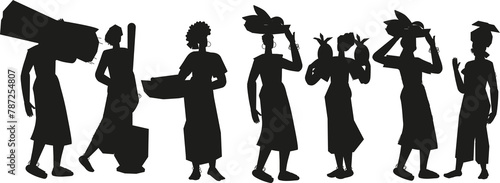 Fototapeta Naklejka Na Ścianę i Meble -  Silhouettes of African female farmers with fruits and vegetables. African peasants with harvest.
