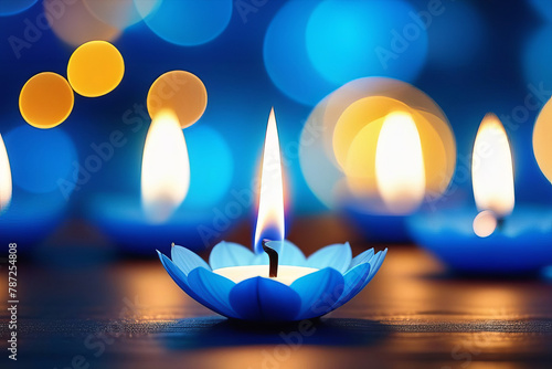 Vesak holiday background with lotus flower candle on golden blue bokeh background. Vesak Day backdrop