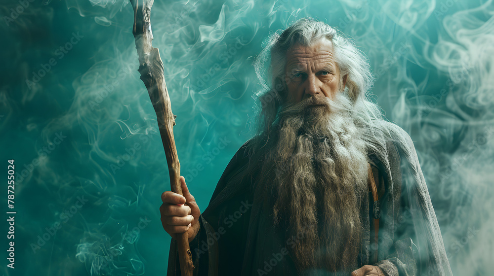 Epic photoshot of a wise old wizard with a long beard and staff ...