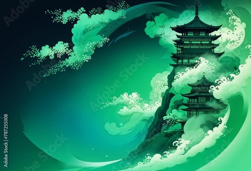 AI-generated illustration of green wave patterns with Asian pagodas