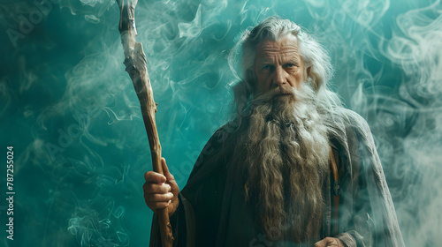 Epic photoshot of a wise old wizard with a long beard and staff, against a mystical green studio background.